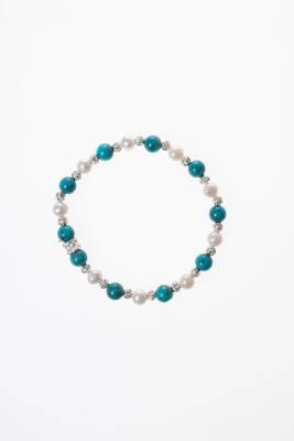 Sertifikalı Turkuaz-İnci Gümüş Aparat Doğal Taş Bileklik 6mm 039 - 3