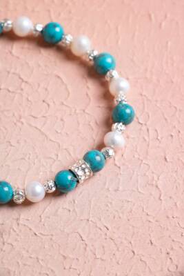 Sertifikalı Turkuaz-İnci Gümüş Aparat Doğal Taş Bileklik 6mm 039 - 5