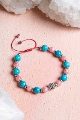 Sertifikalı Turkuaz, Rodokrosit Doğal Taş Makrome Bileklik - Osmanlı Doğaltaş