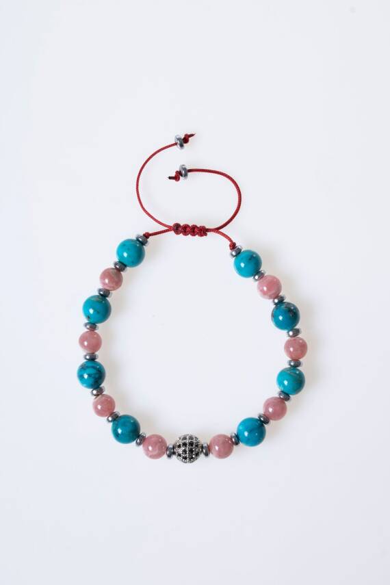 Sertifikalı Turkuaz, Rodokrosit Doğal Taş Makrome Bileklik - 5