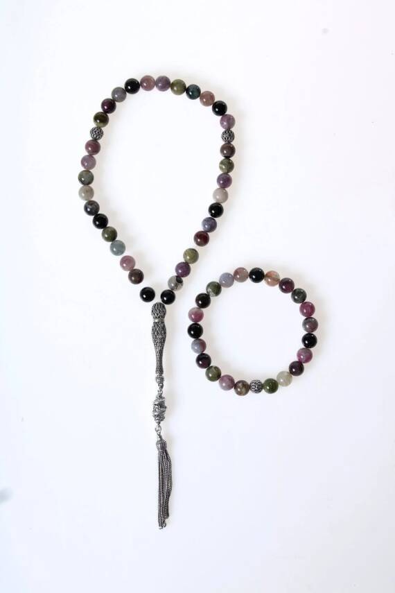 Sertifikalı Turmalin 925 Ayar Gümüş 8 mm İmameli Tesbih & Bileklik Seti - 1