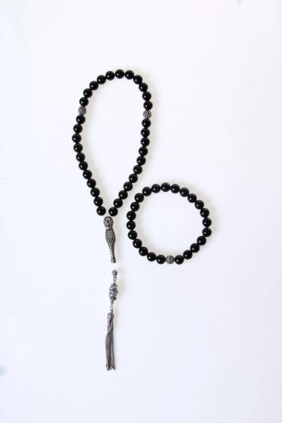 Sertifikalı Turmalin 925 Ayar Gümüş 8 mm İmameli Tesbih & Bileklik Seti - 1