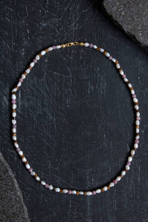 Sertifikalı Yakut, İnci, Kaplan Gözü Gümüş Kapama Doğal Taş Kolye - 4