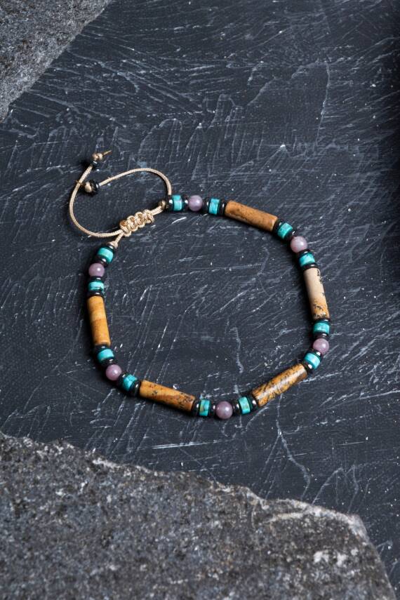 Sertifikalı Yakut, Jasper, Turkuaz Doğal Taş Makrome Bileklik - 1