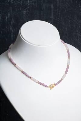 Sertifikalı Yakut, Pembe Kuvars Altın Kaplama Gümüş Kapama Kolye - Osmanlı Doğaltaş