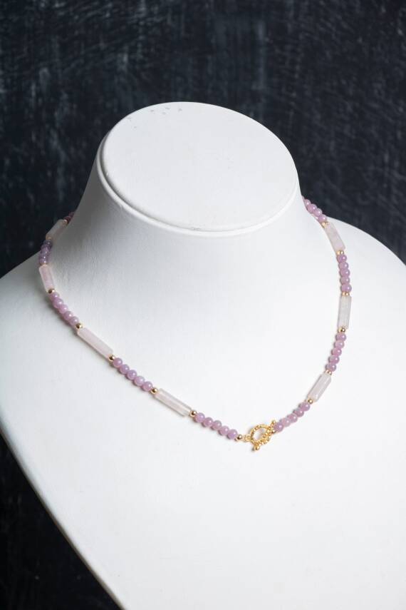 Sertifikalı Yakut, Pembe Kuvars Altın Kaplama Gümüş Kapama Kolye - 1