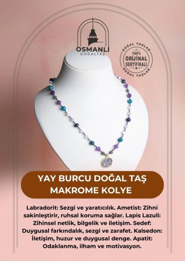 Sertifikalı Yay Burcu Doğal Taş Makrome Kolye - 2