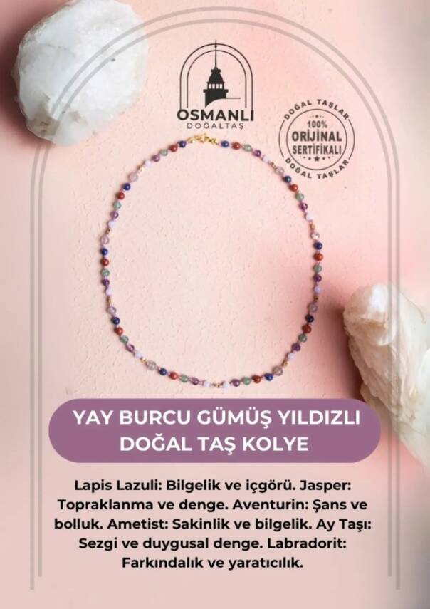 Sertifikalı Yay Burcu Gümüş Yıldızlı Doğal Taş Kolye - 2