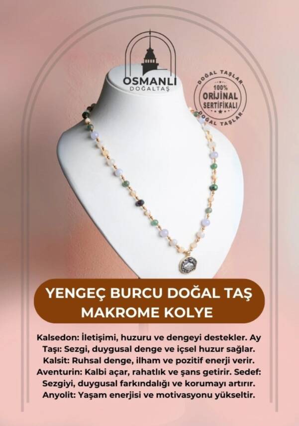 Sertifikalı Yengeç Burcu Doğal Taş Makrome Kolye - 2