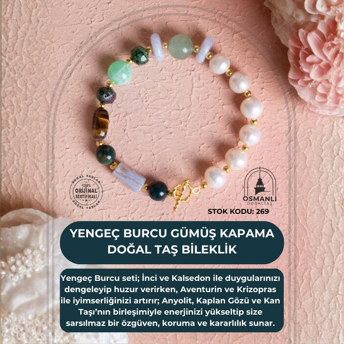 Sertifikalı Yengeç Burcu Gümüş Kapama Doğal Taş Bileklik (SK:269) - 2