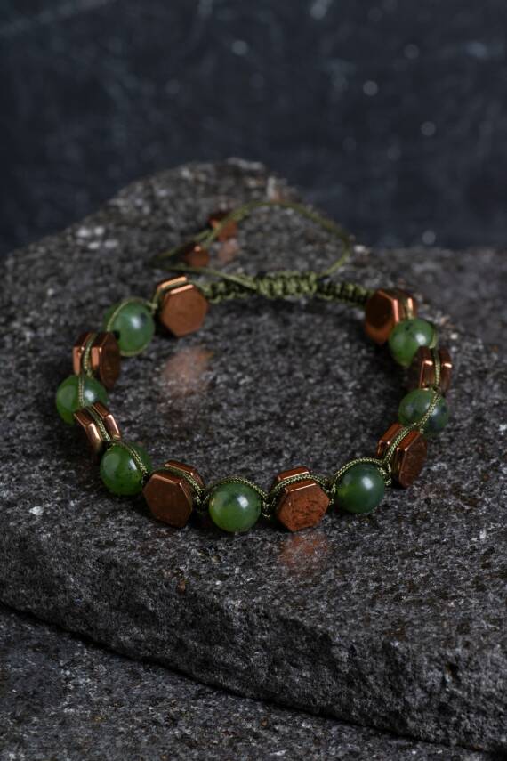 Sertifikalı Yeşim, Hematit Doğal Taş Makrome Bileklik (SK:357) - 1