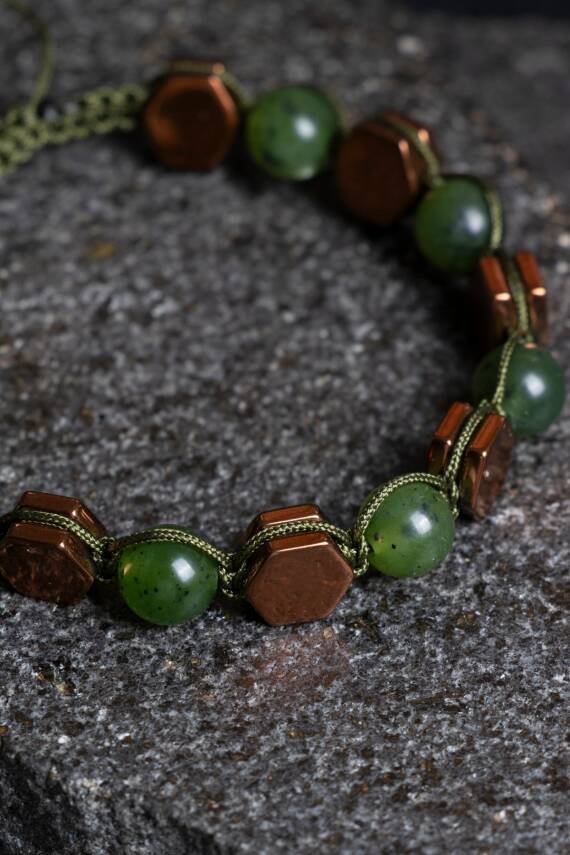 Sertifikalı Yeşim, Hematit Doğal Taş Makrome Bileklik (SK:357) - 2