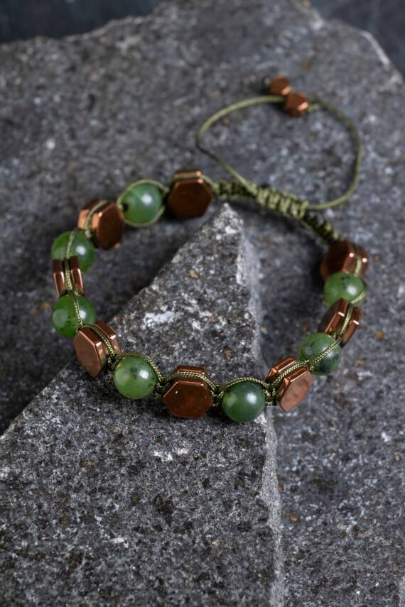 Sertifikalı Yeşim, Hematit Doğal Taş Makrome Bileklik (SK:357) - 4