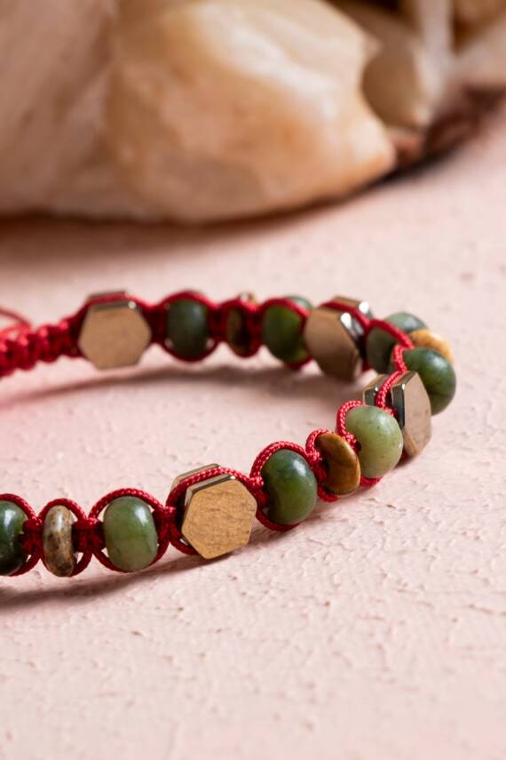 Sertifikalı Yeşim, Jasper, Hematit Doğal Taş Makrome Bileklik (SK:073) - 3