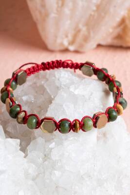 Sertifikalı Yeşim, Jasper, Hematit Doğal Taş Makrome Bileklik (SK:073) - 5