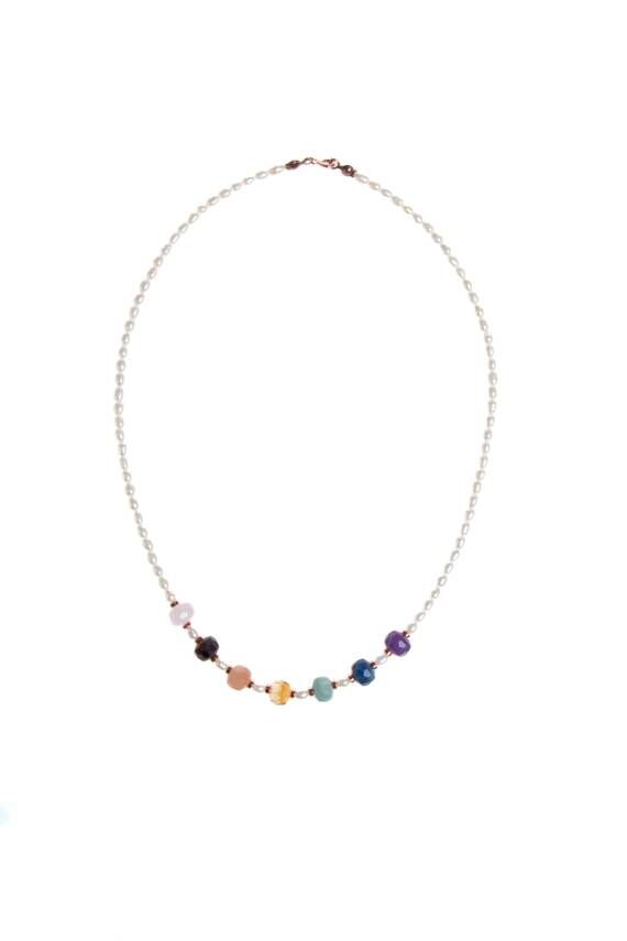 Sertifikalı Yeşim, Lal, İnci Fasetli Doğal Taş Kolye - 1