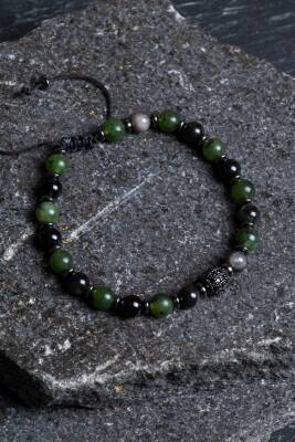 Sertifikalı Yeşim, Obsidyen, Hematit Zirkon Aparat Doğal Taş Makrome Bileklik - Osmanlı Doğaltaş