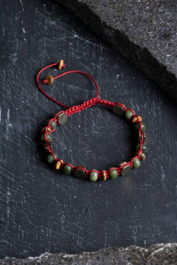 Sertifikalı Yeşim, Odun Jasper ve Hematit Doğal Taş Makrome Bileklik (SK:156) - 1