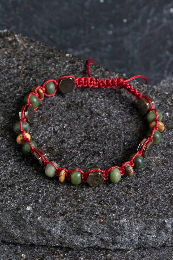 Sertifikalı Yeşim, Odun Jasper ve Hematit Doğal Taş Makrome Bileklik (SK:156) - 3