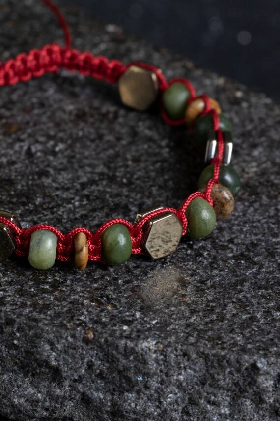 Sertifikalı Yeşim, Odun Jasper ve Hematit Doğal Taş Makrome Bileklik (SK:156) - 4