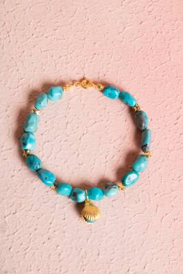 Sertifikalı Yıldız ve Deniz Kabuk Gümüş Aparatlı Firuze(Turkuaz)Doğal Taş Bileklik (SK:031) - Osmanlı Doğal Taş