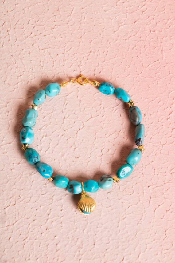 Sertifikalı Yıldız ve Deniz Kabuk Gümüş Aparatlı Firuze(Turkuaz)Doğal Taş Bileklik (SK:031) - 1