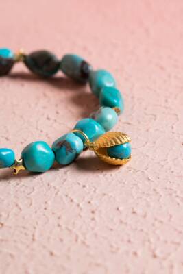 Sertifikalı Yıldız ve Deniz Kabuk Gümüş Aparatlı Firuze(Turkuaz)Doğal Taş Bileklik (SK:031) - 3