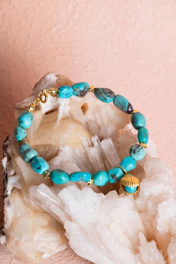 Sertifikalı Yıldız ve Deniz Kabuk Gümüş Aparatlı Firuze(Turkuaz)Doğal Taş Bileklik (SK:031) - 5