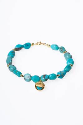 Sertifikalı Yıldız ve Deniz Kabuk Gümüş Aparatlı Firuze(Turkuaz)Doğal Taş Bileklik (SK:031) - 6