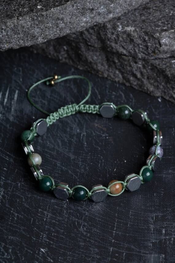 Sertifikalı Yosunlu Akik, Hematit Doğal Taş Makrome Bileklik - 1