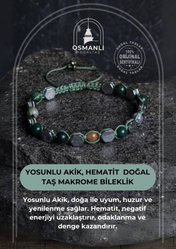 Sertifikalı Yosunlu Akik, Hematit Doğal Taş Makrome Bileklik - 2