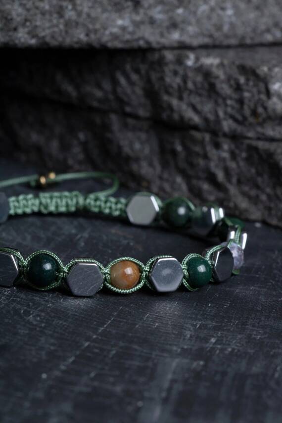 Sertifikalı Yosunlu Akik, Hematit Doğal Taş Makrome Bileklik - 5