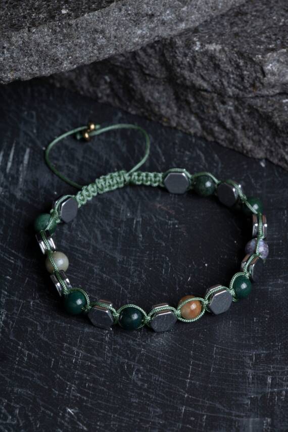 Sertifikalı Yosunlu Akik, Hematit Doğal Taş Makrome Bileklik - 1