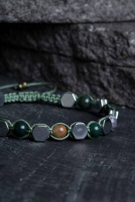 Sertifikalı Yosunlu Akik, Hematit Doğal Taş Makrome Bileklik - 2