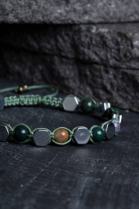 Sertifikalı Yosunlu Akik, Hematit Doğal Taş Makrome Bileklik - 2