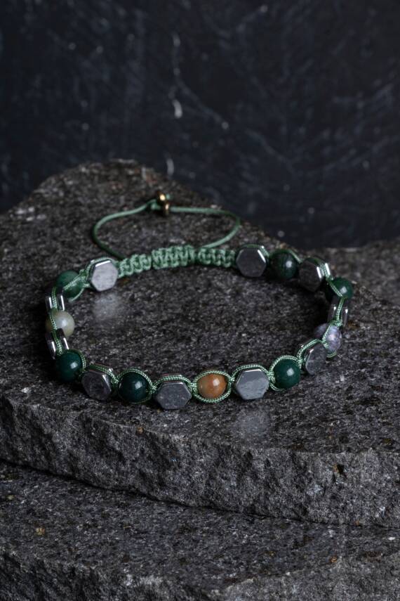 Sertifikalı Yosunlu Akik, Hematit Doğal Taş Makrome Bileklik - 3