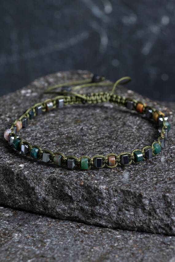 Sertifikalı Yosunlu Akik, Hematit Doğal Taş Makrome Bileklik (SK:362) - 1