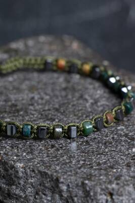 Sertifikalı Yosunlu Akik, Hematit Doğal Taş Makrome Bileklik (SK:362) - 2