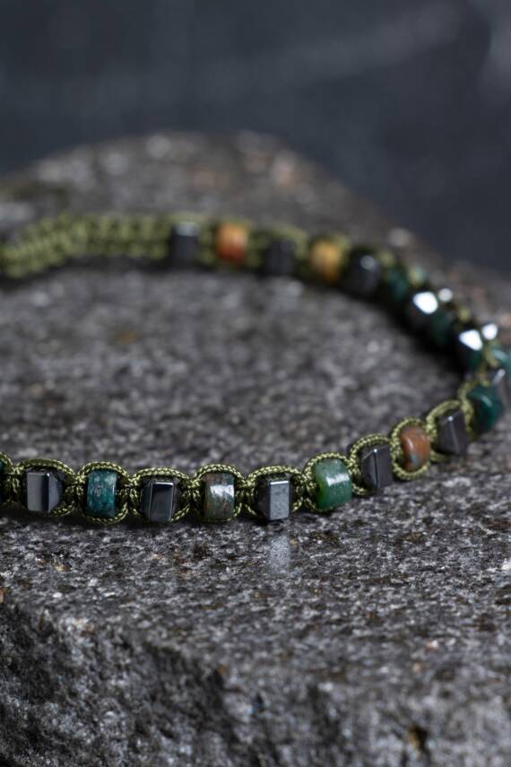 Sertifikalı Yosunlu Akik, Hematit Doğal Taş Makrome Bileklik (SK:362) - 2