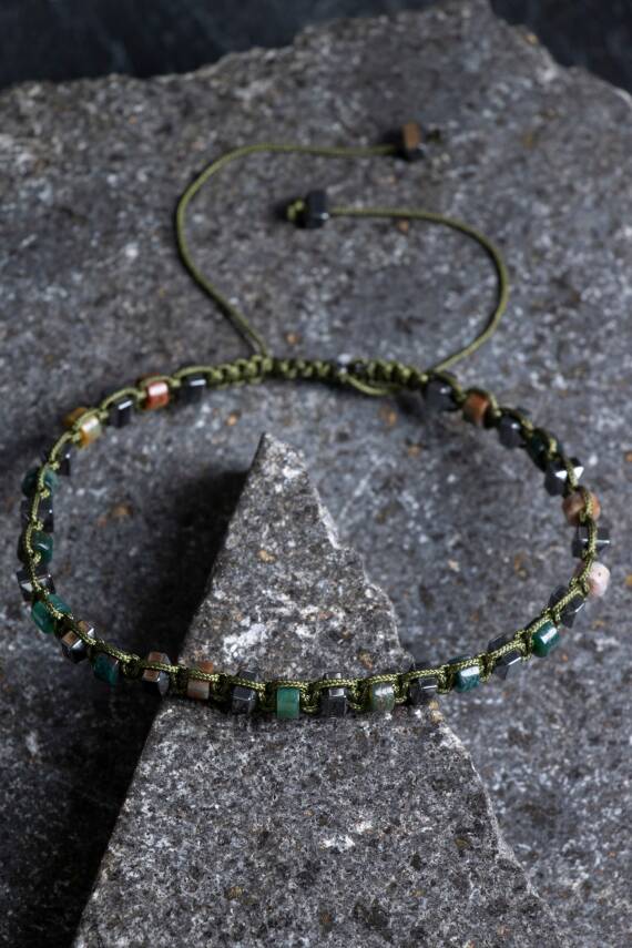 Sertifikalı Yosunlu Akik, Hematit Doğal Taş Makrome Bileklik (SK:362) - 3