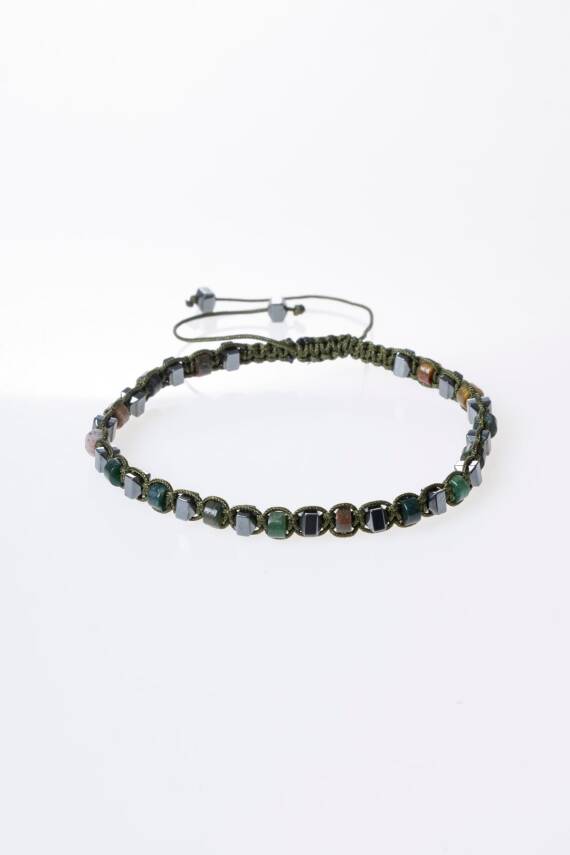 Sertifikalı Yosunlu Akik, Hematit Doğal Taş Makrome Bileklik (SK:362) - 5