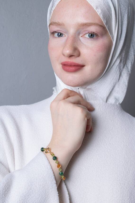 Sertifikalı Zebercet, Sitrin, Zümrüt Gümüş Aparatlı Doğal Taş Bileklik (SK:404) - 2