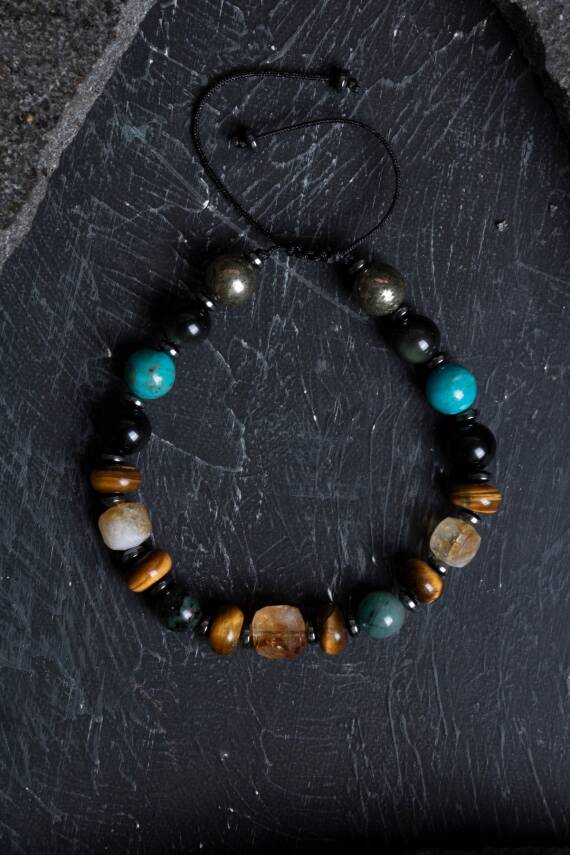 Sertifikalı Zümrüt Kaplan Gözü Pirit Sitrin Turkuaz Doğal Taş Bolluk ve Koruma Bilekliği S.K: 044 - 1