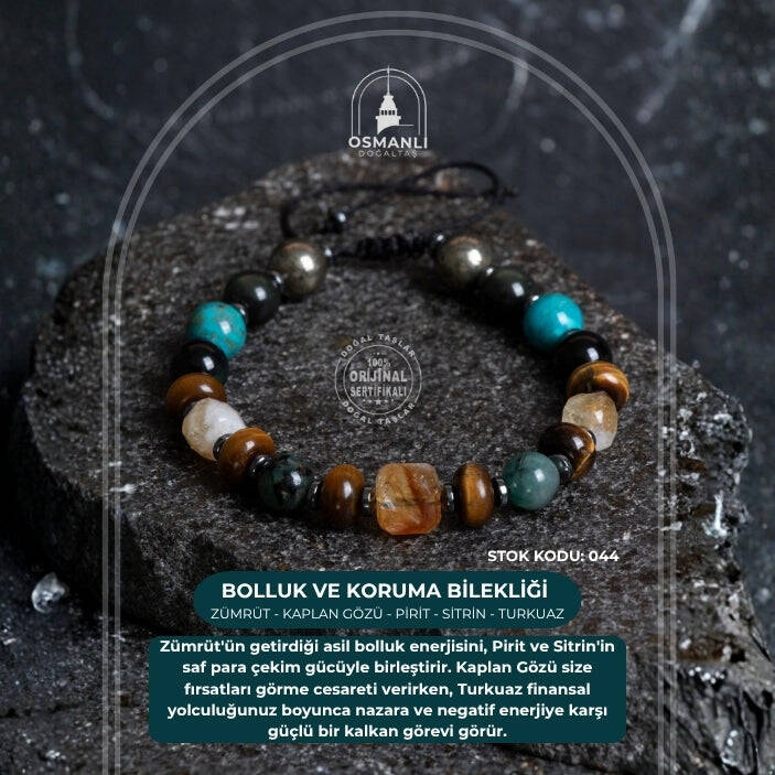 Sertifikalı Zümrüt Kaplan Gözü Pirit Sitrin Turkuaz Doğal Taş Bolluk ve Koruma Bilekliği S.K: 044 - 2