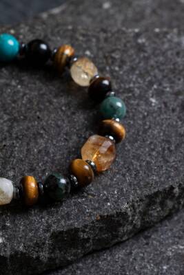 Sertifikalı Zümrüt Kaplan Gözü Pirit Sitrin Turkuaz Doğal Taş Bolluk ve Koruma Bilekliği S.K: 044 - 3