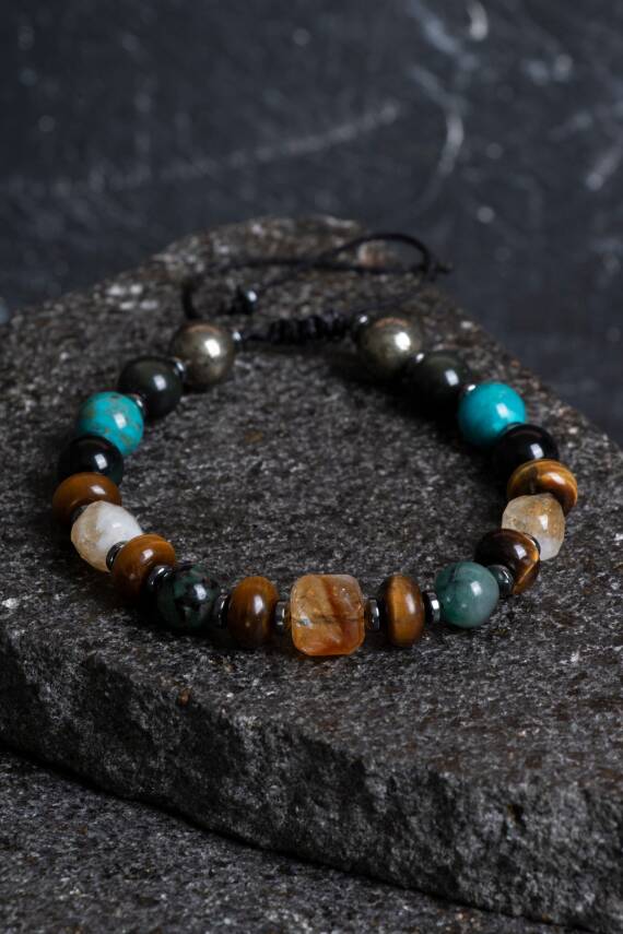 Sertifikalı Zümrüt Kaplan Gözü Pirit Sitrin Turkuaz Doğal Taş Bolluk ve Koruma Bilekliği S.K: 044 - 6