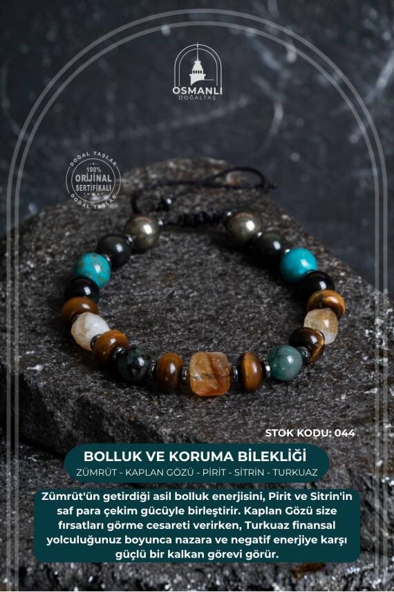 Sertifikalı Zümrüt Kaplan Gözü Pirit Sitrin Turkuaz Doğal Taş Bolluk ve Koruma Bilekliği S.K: 044 - 1