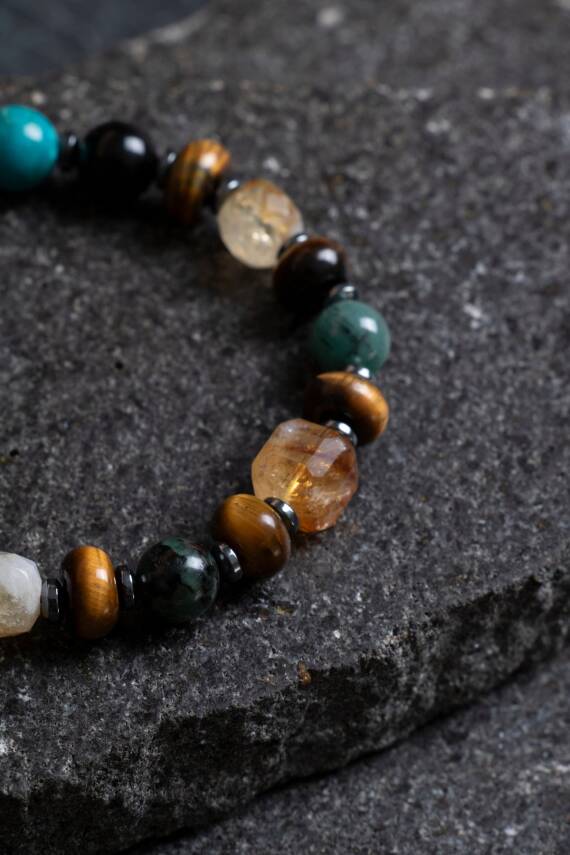 Sertifikalı Zümrüt Kaplan Gözü Pirit Sitrin Turkuaz Doğal Taş Bolluk ve Koruma Bilekliği S.K: 044 - 3