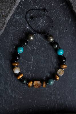 Sertifikalı Zümrüt Kaplan Gözü Pirit Sitrin Turkuaz Doğal Taş Bolluk ve Koruma Bilekliği S.K: 044 - 4