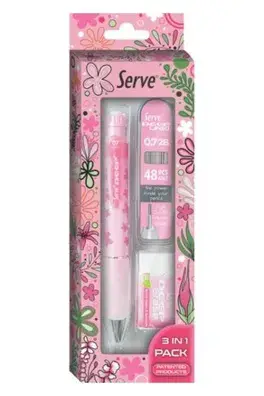 Serve Deep Doğa Desenli Çiçek Figürlü Pembe Uçlu Kalem + Uç + Silgi 0.7mm 3 Lü Set - 3